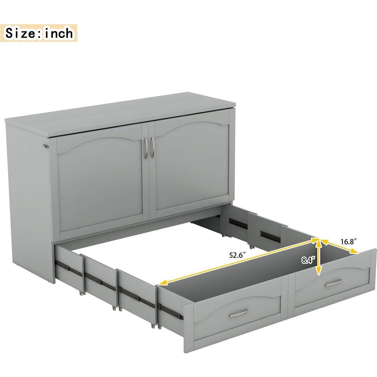 Queen Size Murphy Bed Wall Bed with drawer and a set of Sockets & USB Ports, Pulley Structure Design, Gray