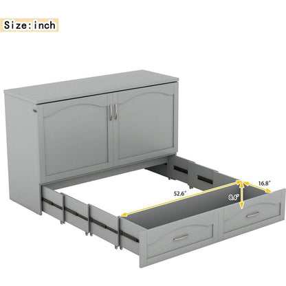 Queen Size Murphy Bed Wall Bed with drawer and a set of Sockets & USB Ports, Pulley Structure Design, Gray