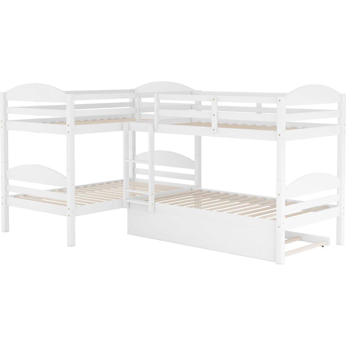 Twin L-Shaped Bunk bed with Trundle-White{O