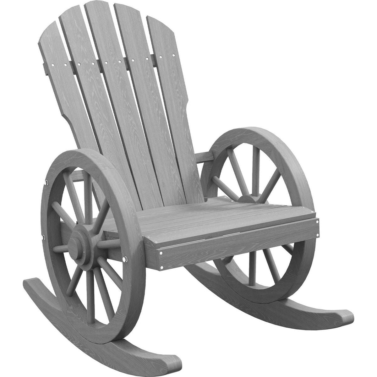 Wooden Rocking Chair, Adirondack Rocker Chair w/Slatted Design and Oversized Back, Outdoor Rocking Chair with Wagon Wheel Armrest for Porch, Poolside, and Garden, Gray