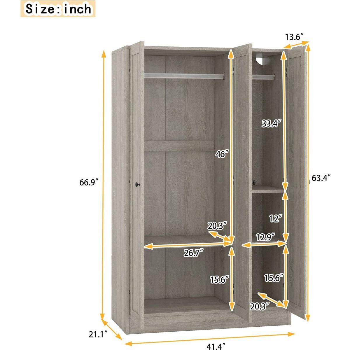 3-Door Shutter Wardrobe with shelves, Gray