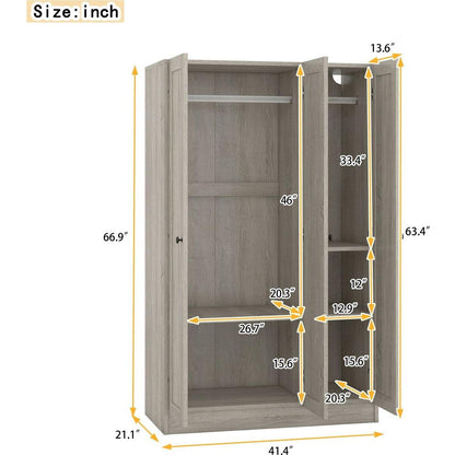 3-Door Shutter Wardrobe with shelves, Gray