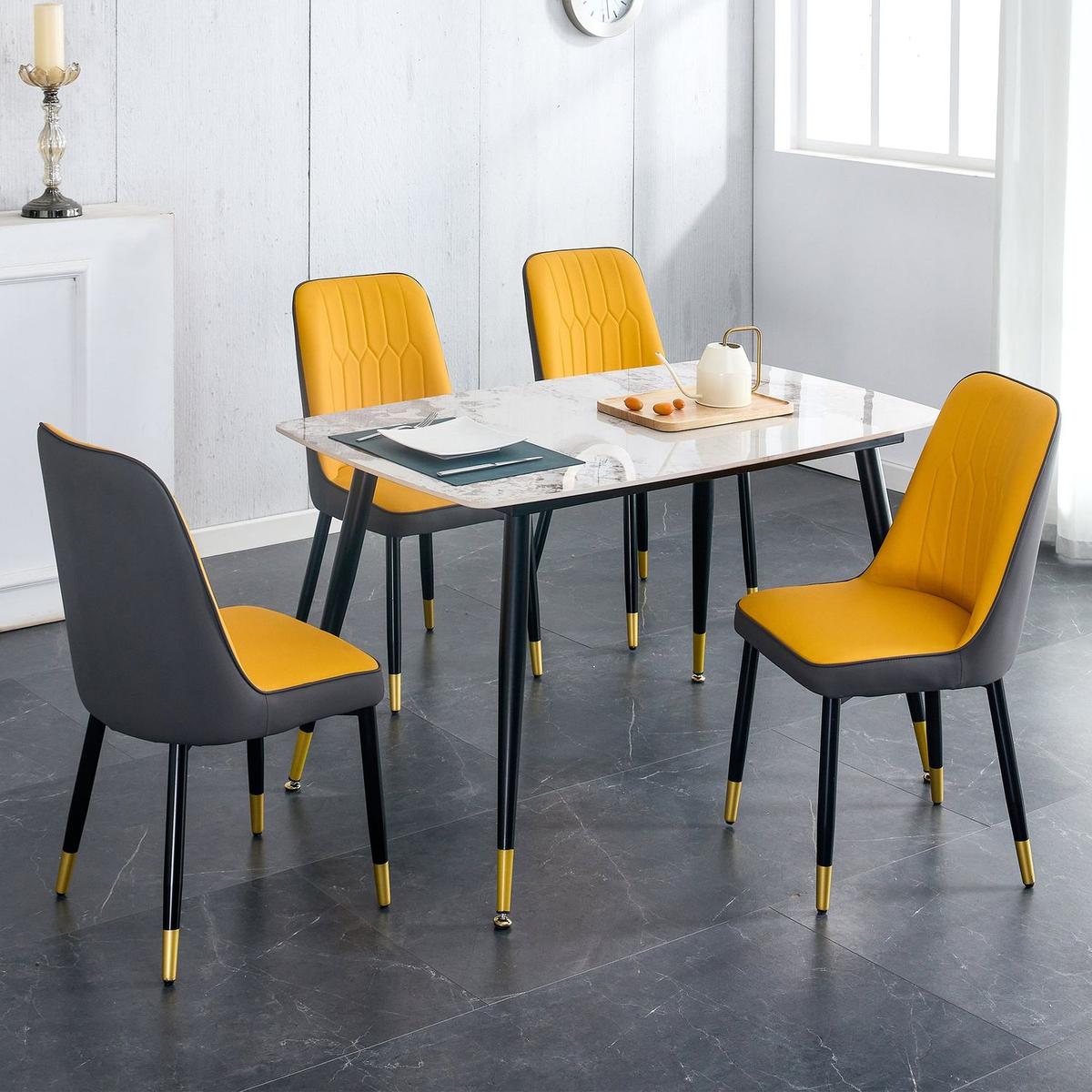 Table and chair set.  patterned sintered stone tabletop with black metal legs. Orange-yellow and gray dual color PU backrest cushion and black metal leg chair.1 table and 4 chair.001  007