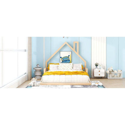 Full Size Wood Floor Bed with House-shaped Headboard, Natural