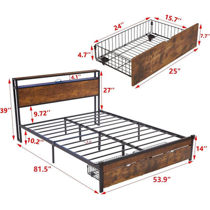 Full Size Metal Platform Bed Frame with Wooden Headboard and Footboard with USB,Charging Station,2 Drawers,LED Lights, No Box Spring Needed, Easy Assemble