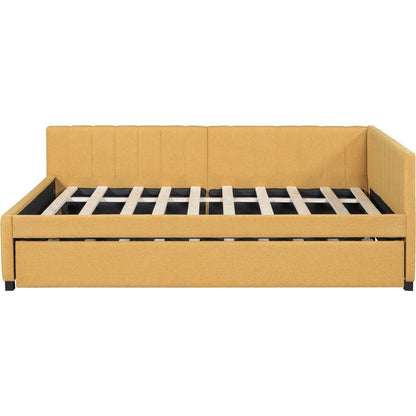 Full Size Upholstered Daybed with Trundle Sofa Bed Frame No Box Spring Needed, Linen Fabric(Yellow)