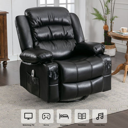 Massage Swivel Rocker Recliner Chair with Vibration Massage and Heat Ergonomic Lounge Chair for Living Room with Rocking Function and Side Pocket 2 Cup Holders USB Charge Port, black.