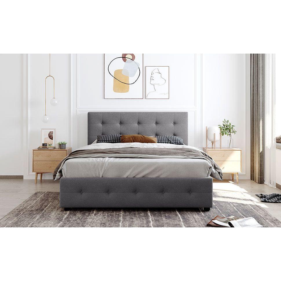 Upholstered Platform Bed with Classic Headboard and 4 Drawers, No Box Spring Needed, Linen Fabric, Queen Size Light Gray