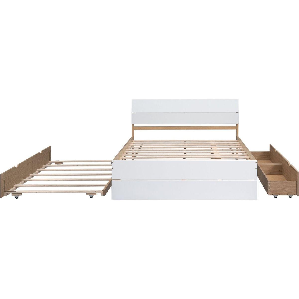 Modern Full Bed Frame With Twin Size Trundle And 2 Drawers For White High Gloss With Light Oak Color