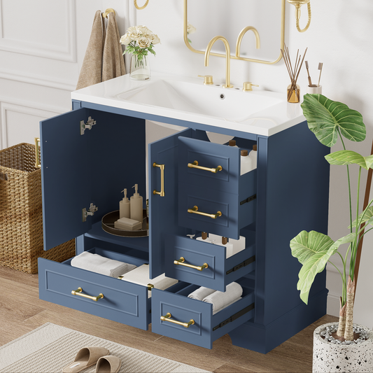 36-inch Traditional Bathroom Vanity with Resin Sink Combo Set, Blue Bathroom Cabinet with Two Doors and Four Drawers