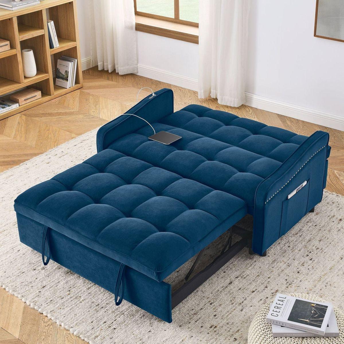 Loveseats Sofa Bed with Pull-out Bed,Adjustable Back and Two Arm Pocket,TypeC and USB Charging with Copper nail,Blue (47"x53"x31")