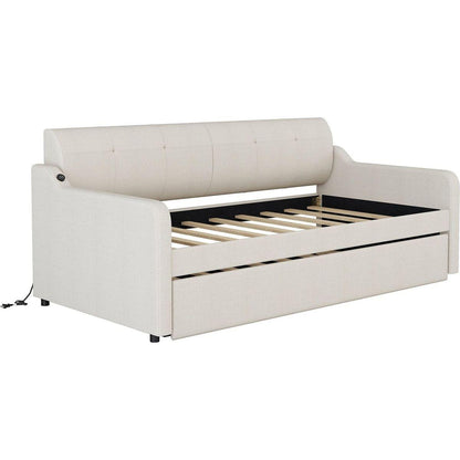 Twin Size Upholstery Daybed with Trundle and USB Charging Design,Trundle can be flat or erected,Beige