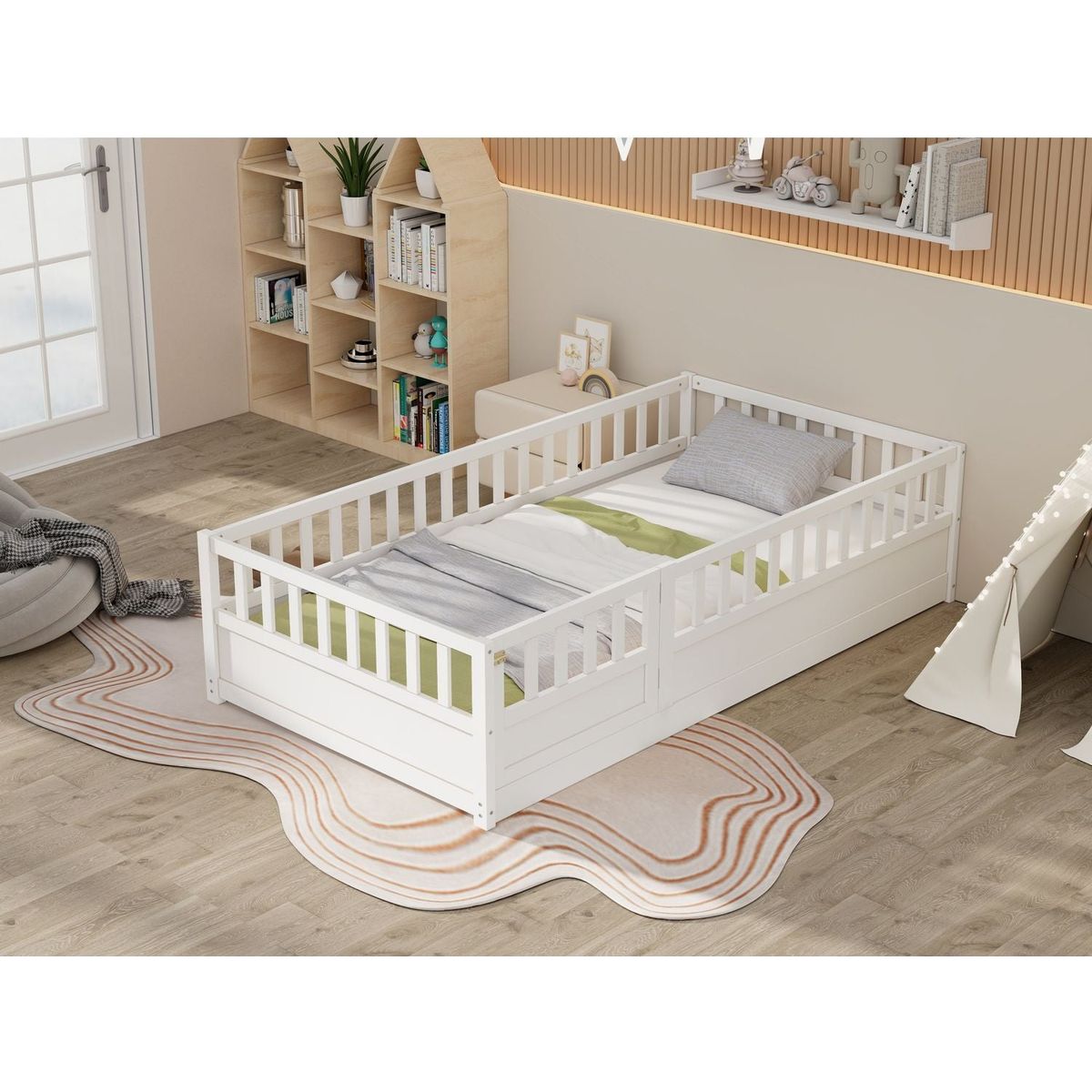 Twin Size Floor bed, integral construction with super high security barrier, door, children's floor bed frame, Montessori wooden children's floor bed, Support slat white