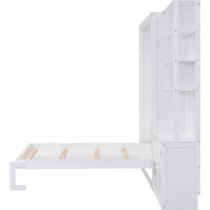 Full Size Murphy Bed with Multiple Storage Shelves and A Cabinet, White