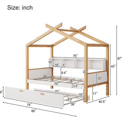 White Twin Size Wooden House Bed with Original Wood Colored Frame Twin Size Trundle and Bookshelf Storage Space for Children or Guest Room