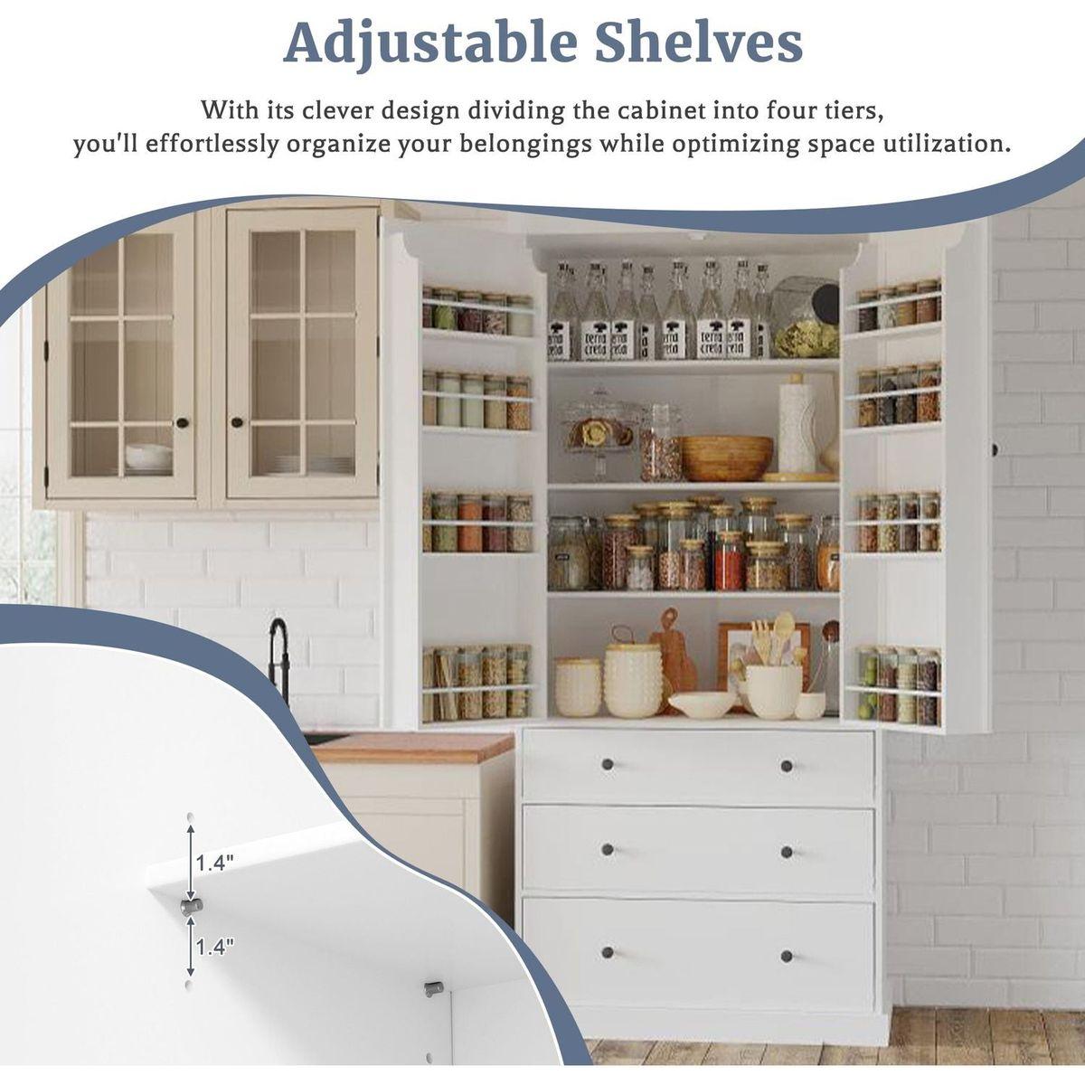 [Assembly Video Provided]77inch Farmhouse Kitchen Pantry, Freestanding Tall Cupboard Storage Cabinet with 3 Adjustable Shelves, 8 Door Shelves, 3 Drawers for Kitchen, Dining Room, White