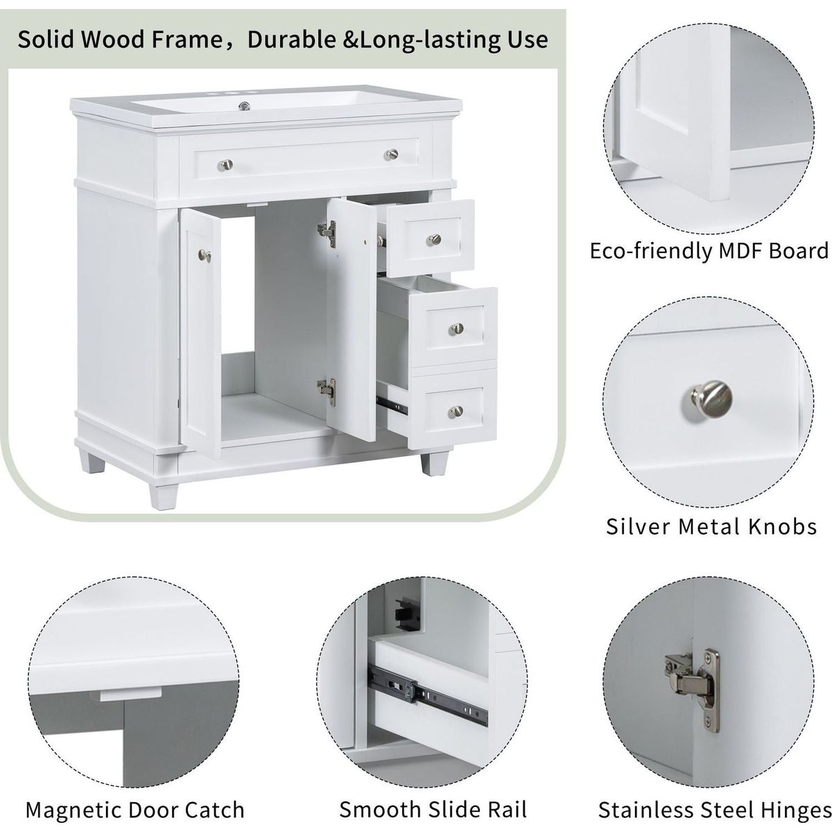 30" Bathroom Vanity Cabinet with Sink Combo Set, Undermount Resin Sink, Free Standing Vanity Set with 2 Drawers& Soft Closing Doors, Solid Wood Frame Bathroom Cabinet, White