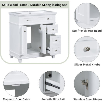 30" Bathroom Vanity Cabinet with Sink Combo Set, Undermount Resin Sink, Free Standing Vanity Set with 2 Drawers& Soft Closing Doors, Solid Wood Frame Bathroom Cabinet, White