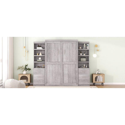 Full Size Murphy Bed with Storage Shelves and Drawers, Gray