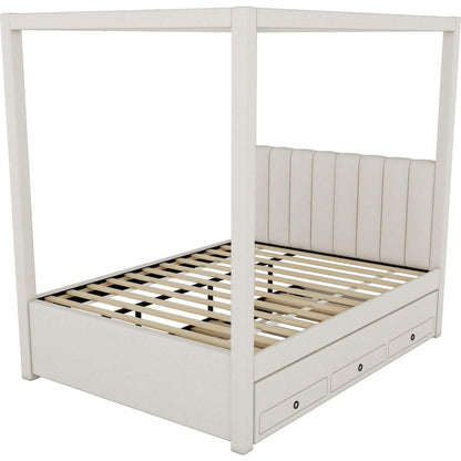 Full Size Upholstery Canopy Platform Bed with Trundle and Three Storage Drawers, Beige - Streamdale Furniture