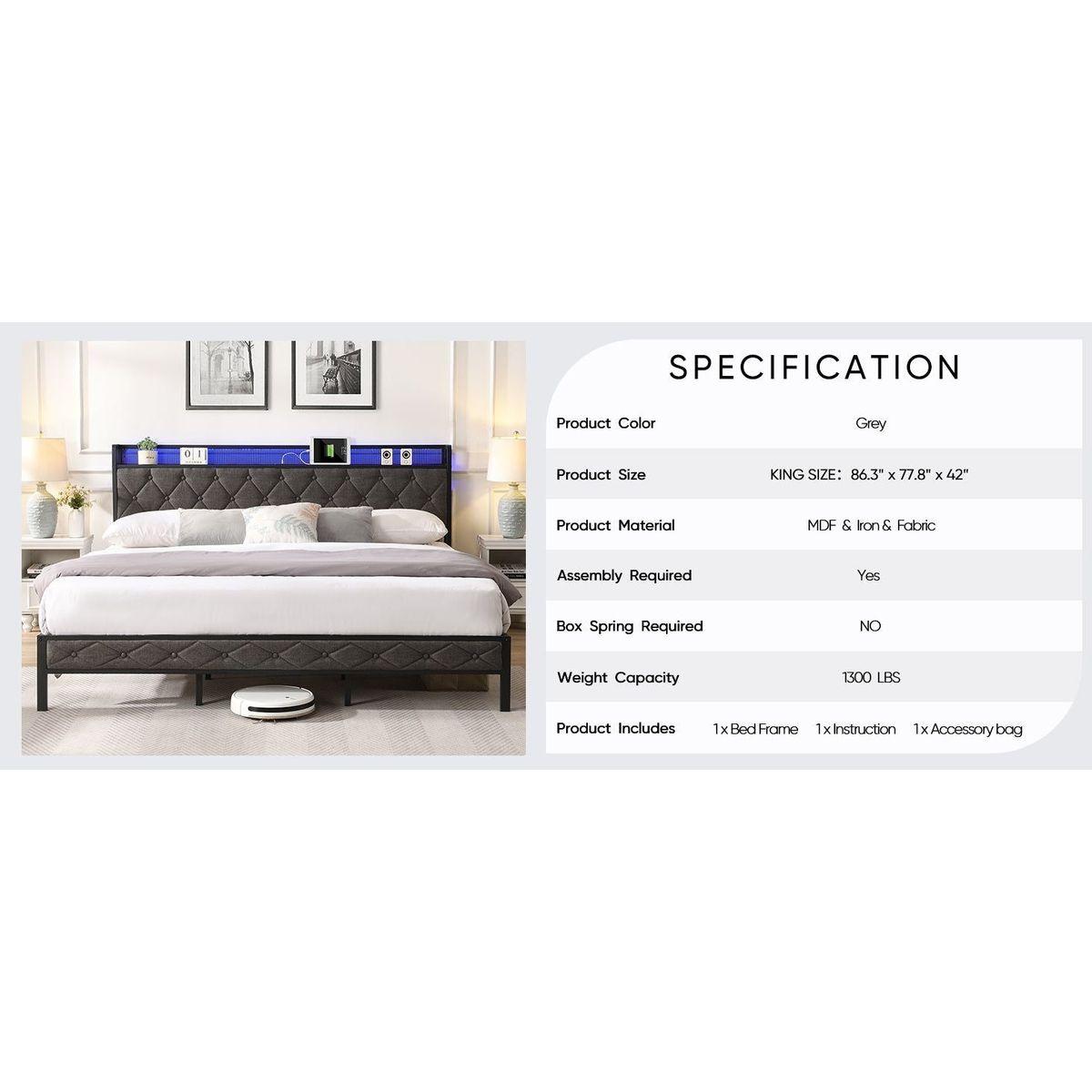 King Bed Frame with Storage Headboard, Charging Station and LED Lights, Upholstered Platform Bed with Heavy Metal Slats, No Box Spring Needed, Noise Free, Easy Assembly, Dark Gray
