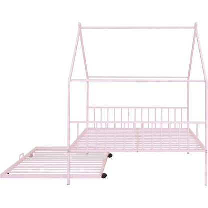 Full Size Metal House Bed with Twin Size Trundle, Pink