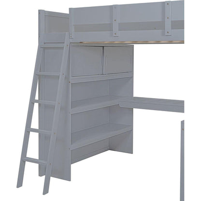 Full Size Loft Bed with Desk and Shelf - Gray