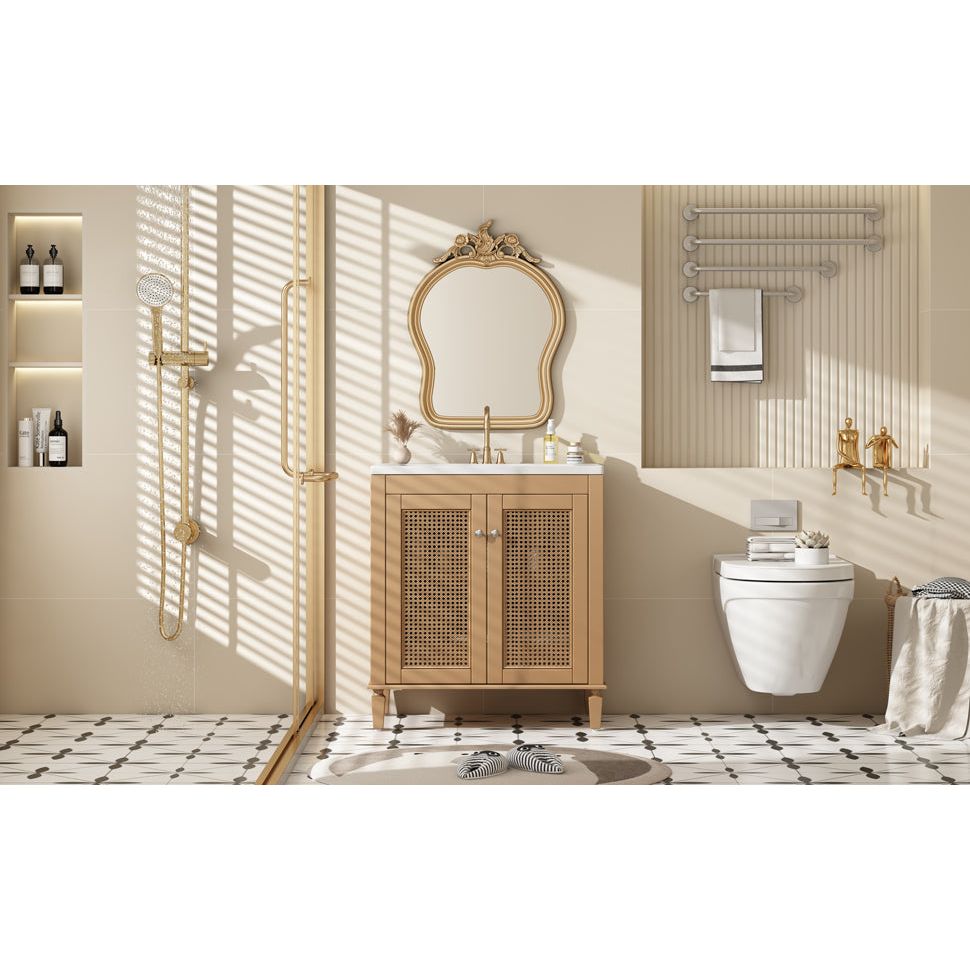 30 Inch Bathroom Vanity with Resin Sink, Freestangding Bathroom Vanity Set with Hidden Drawer, Storage Cabient for Bathroom, Solid Wood Frame Bathroon Cabinet