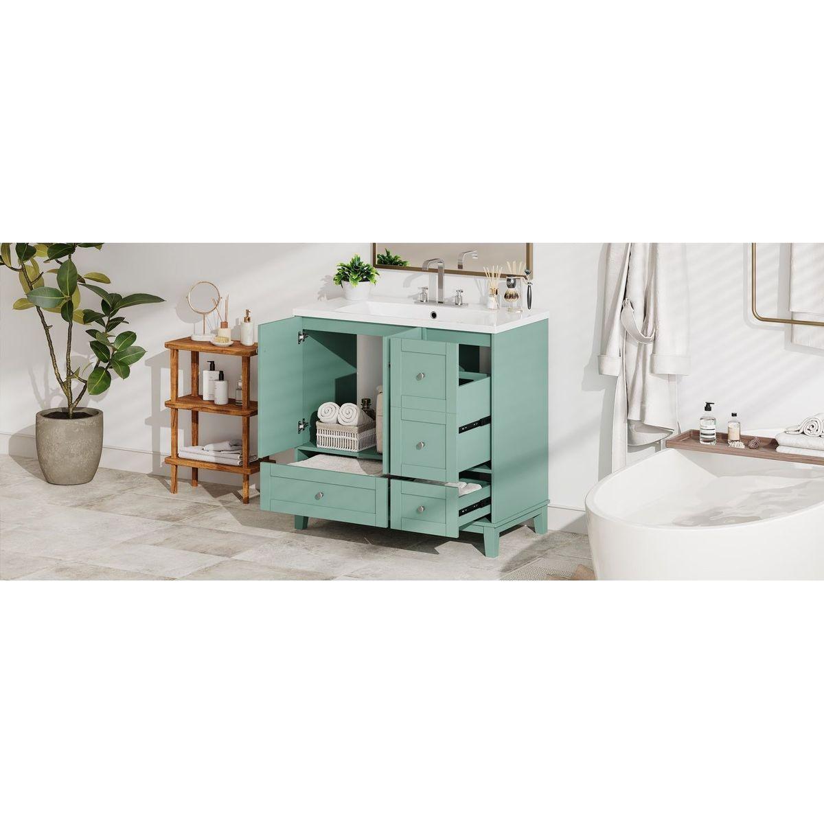 36 Inch Modern Bathroom Vanity with USB Charging, Two Doors and Three Drawers Bathroom Storage Vanity Cabinet, Small Bathroom Vanity cabinet with single sink, Green - Faucets Not Included