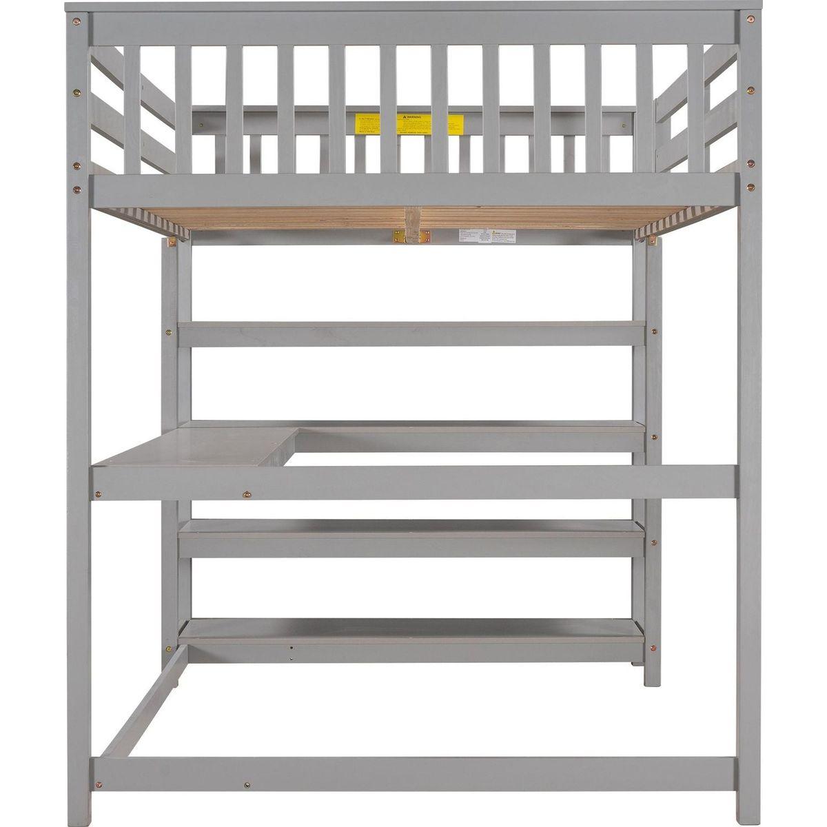 Full Size Loft Bed with Storage Shelves and Under-bed Desk, Gray