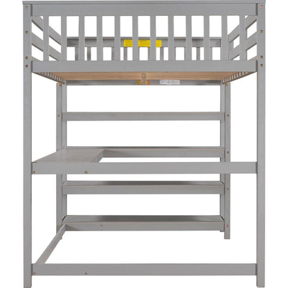 Full Size Loft Bed with Storage Shelves and Under-bed Desk, Gray