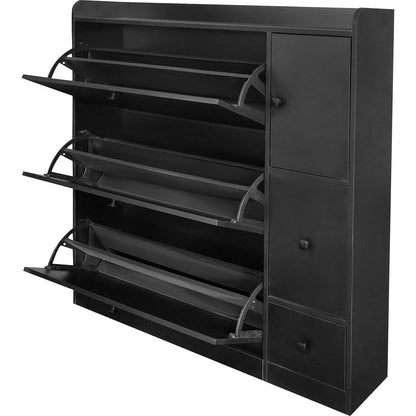 Versatile Shoe Cabinet with 3 Flip Drawers, Maximum Storage Entryway Organizer with Drawer, Free Standing Shoe Rack with Pull-down Seat for Hallway, Black