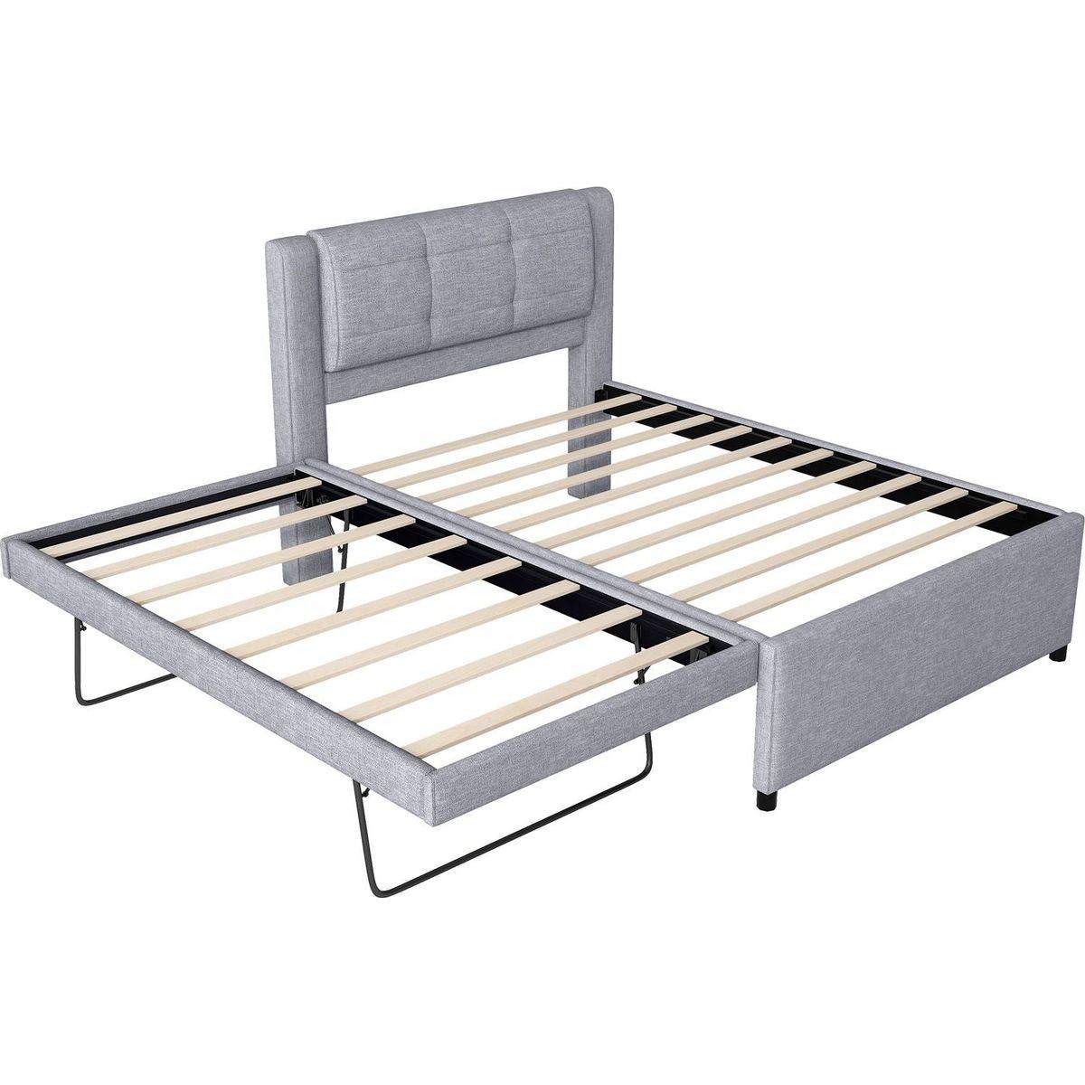 Full Size Upholstery platform bed with Trundle,Trundle can be flat or erected, Gray