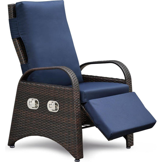 Outdoor Recliner Chair,Separate Adjustment Mechanism PE Wicker Adjustable Reclining Lounge Chair and Removable Soft Cushion,Modern Armchair and Ergonomic for Home, Sunbathing or Relaxation (Navy Blue)