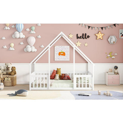 Full Wood House-Shaped Floor Bed with Fence, Guardrails,White