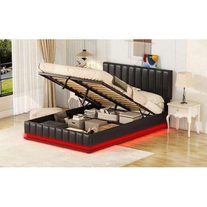 Full Size Upholstered Bed with Hydraulic Storage System and LED Light, Modern Platform Bed with Sockets and USB Ports, Black