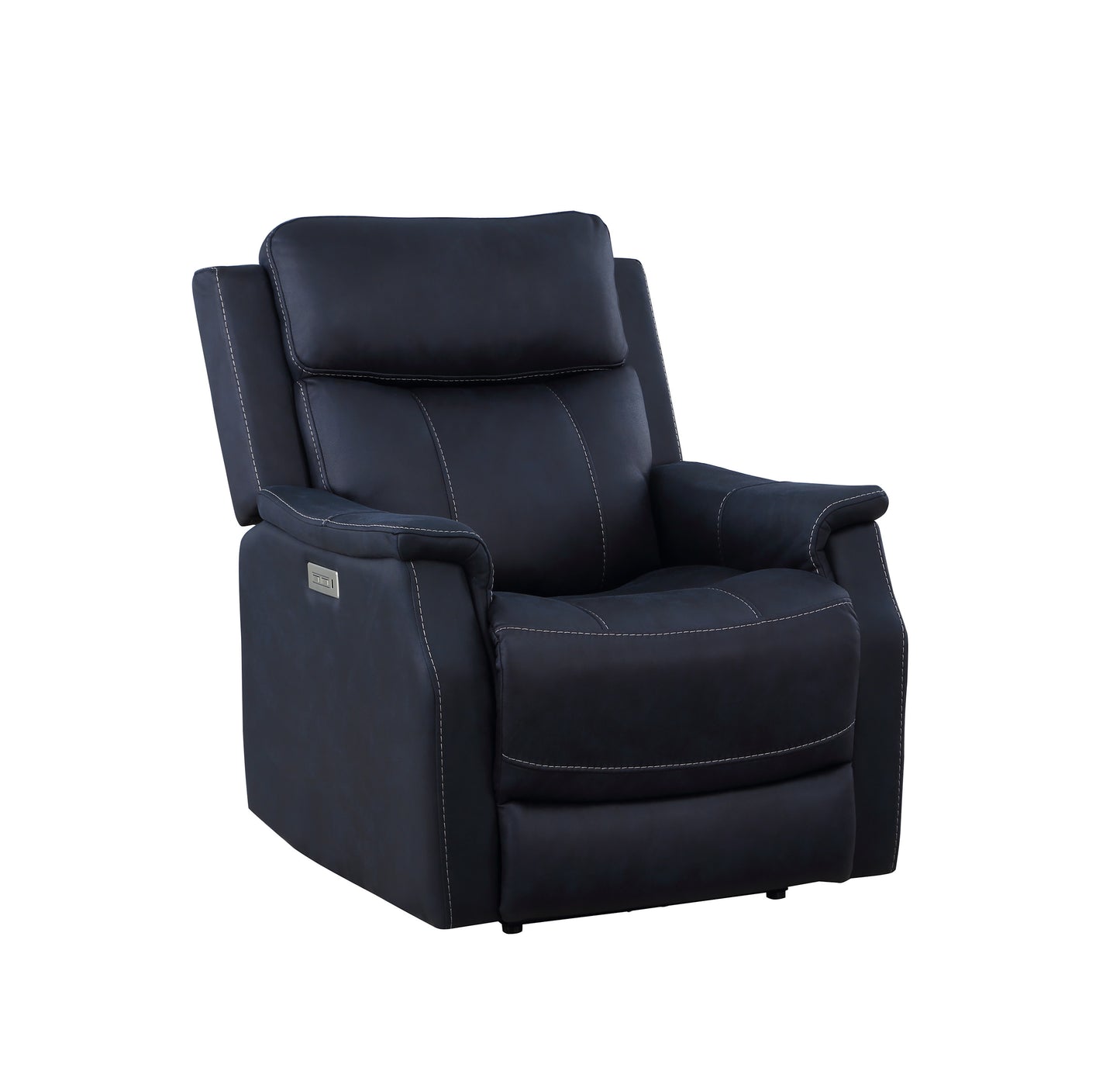 Clean Contemporary Dual-Power Recliner - Ocean Blue Leatherette, Power Footrest, Power Headrest - Easy-Care and Convenience