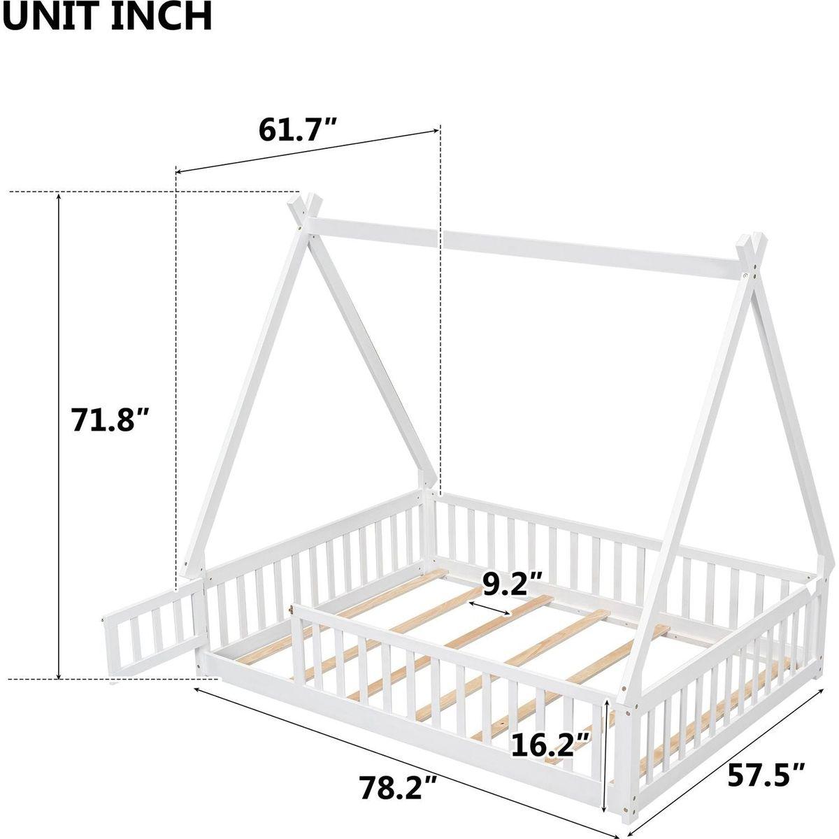 Full Tent-shaped Floor Bed, with Guardrails, Slats, Door, White