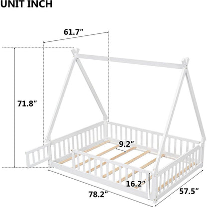 Full Tent-shaped Floor Bed, with Guardrails, Slats, Door, White