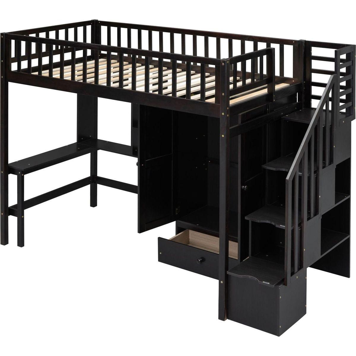 Twin size Loft Bed with Bookshelf,Drawers,Desk,and Wardrobe-Espresso