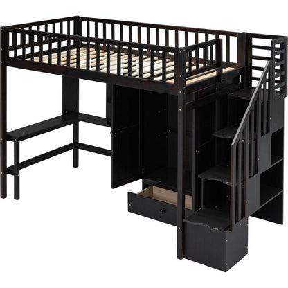 Twin size Loft Bed with Bookshelf,Drawers,Desk,and Wardrobe-Espresso