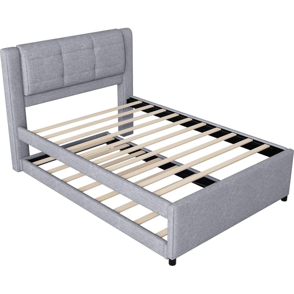 Full Size Upholstery platform bed with Trundle,Trundle can be flat or erected, Gray