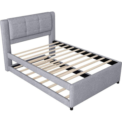 Full Size Upholstery platform bed with Trundle,Trundle can be flat or erected, Gray