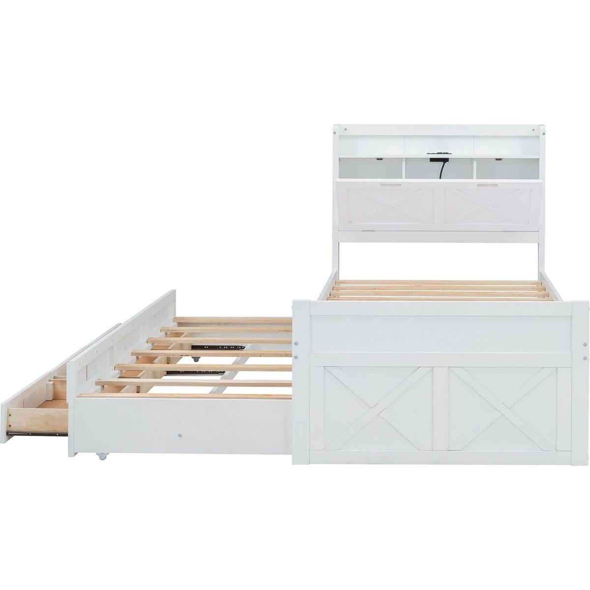 Twin Size Wooden Bed with Storage Headboard with Outlets, Extendable Bed with Twin Size Trundle with Three Storage Drawers,White
