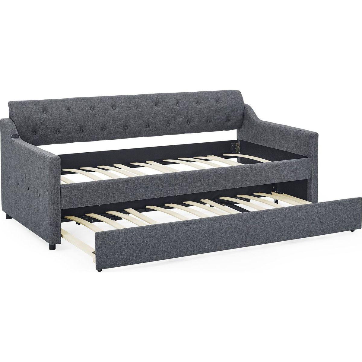 Twin Size Upholstery Daybed with Trundle Bed and Two Storage Drawers, Flat Arms with Pocket, Extendable Daybed for Bedroom Living Room,Linen Dark Gray