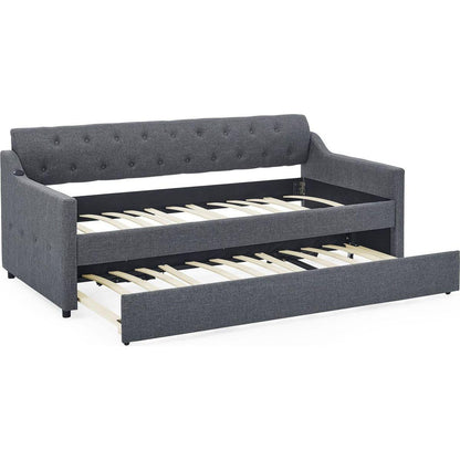 Twin Size Upholstery Daybed with Trundle Bed and Two Storage Drawers, Flat Arms with Pocket, Extendable Daybed for Bedroom Living Room,Linen Dark Gray