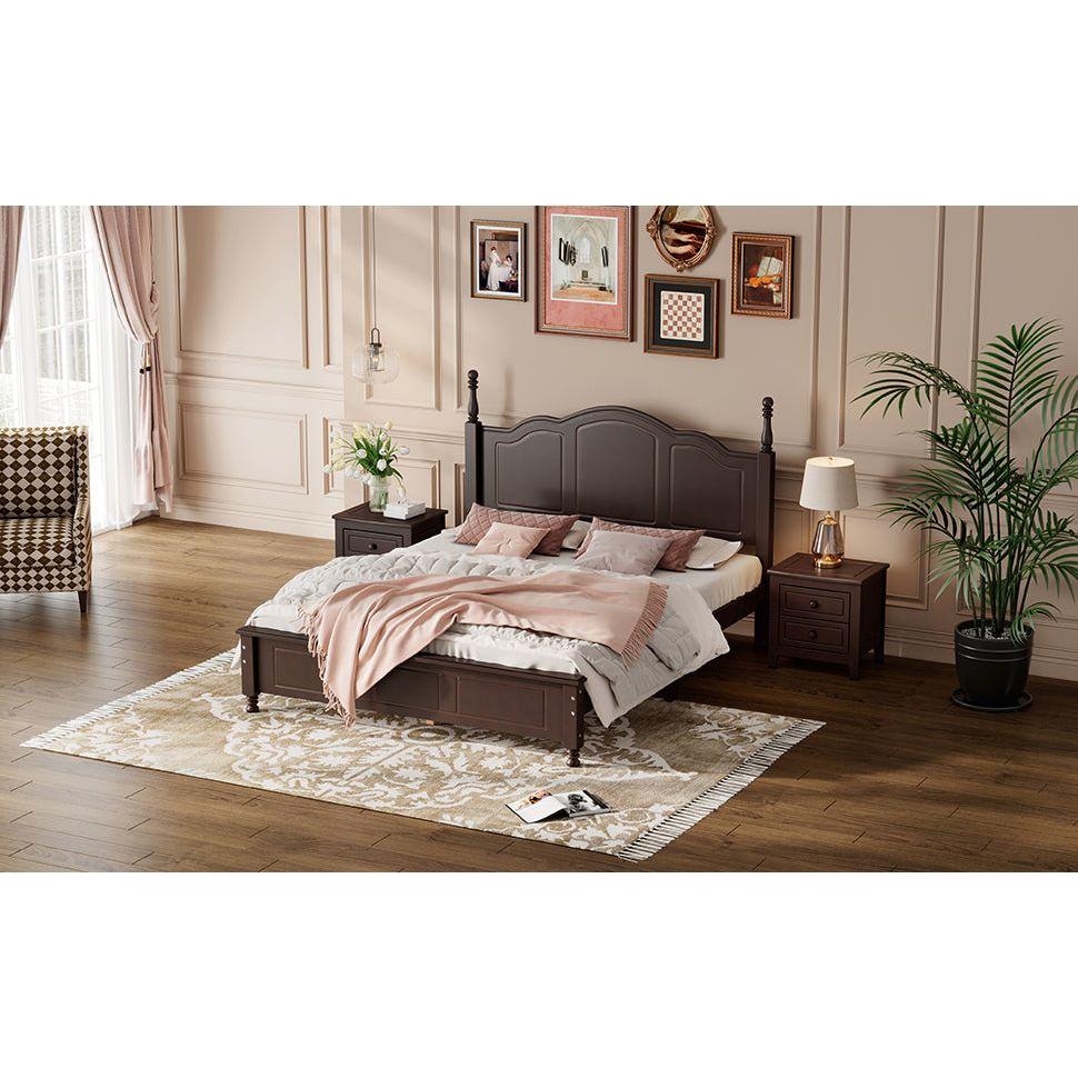 3-Pieces Bedroom Sets,Queen Size Wood Platform Bed and Two Nightstands-Dark Walnut