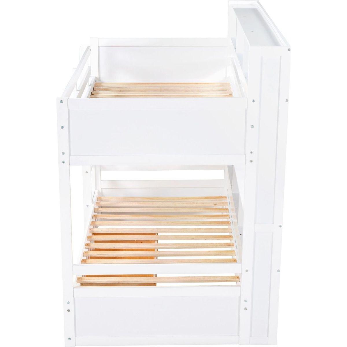 Twin Size Bunk Bed with Built-in Shelves Beside both Upper and Down Bed and Storage Drawer,White