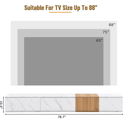 TV Stand with Faux Marble and Walnut Wood Grain Finish for TVs up to 88", Modern Free-Combination Entertainment Center with 4 Storage Drawers for Living Room, White