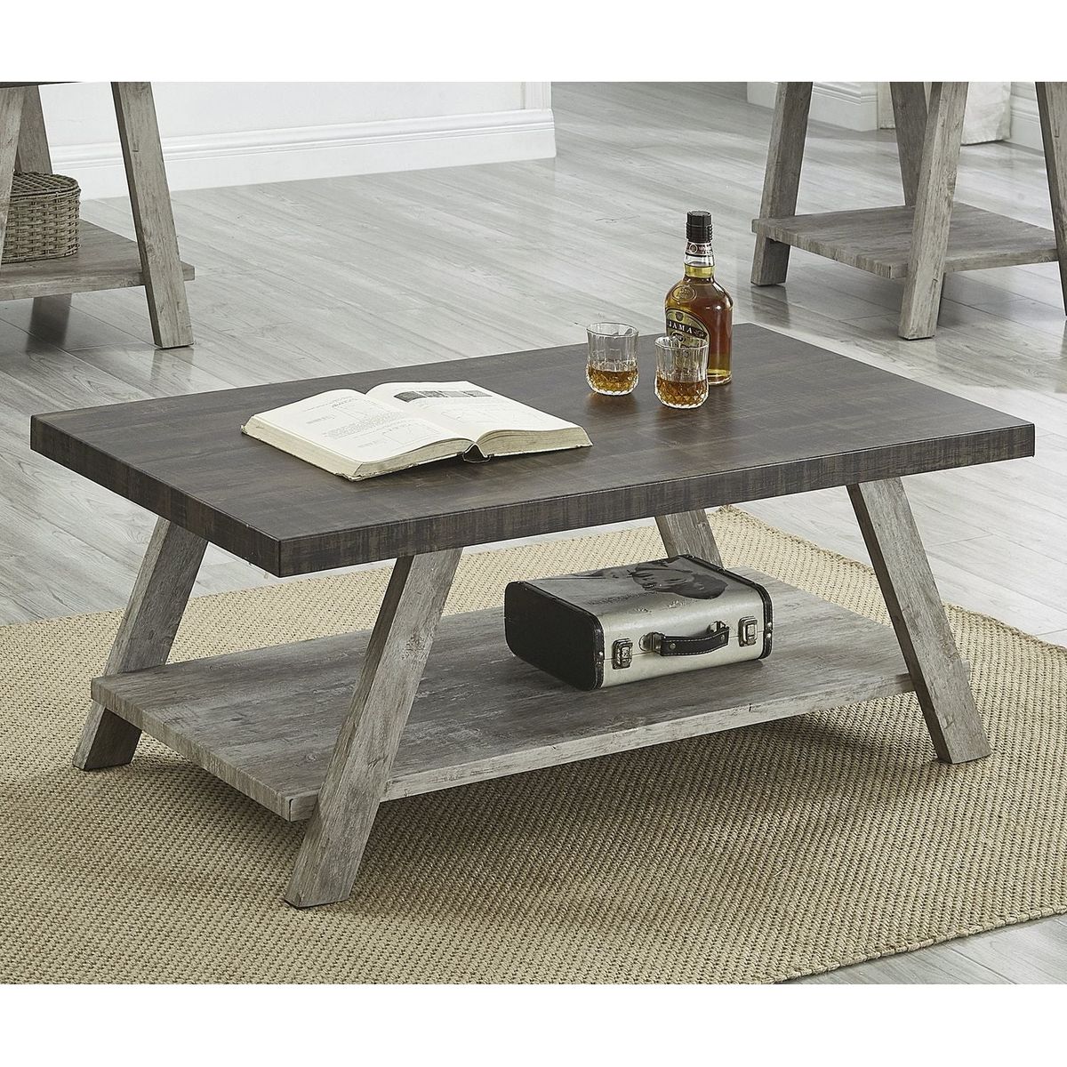 Athens Contemporary 3-Piece Wood Shelf Coffee Table Set in Weathered Walnut and Gray
